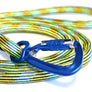 Blue locking carabiner on green leash for your dog. Safe leash for your unique, adventurous dog.