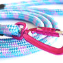 Pink locking carabiner on pink and blue leash for your dog. Safe leash for your unique, adventurous dog.
