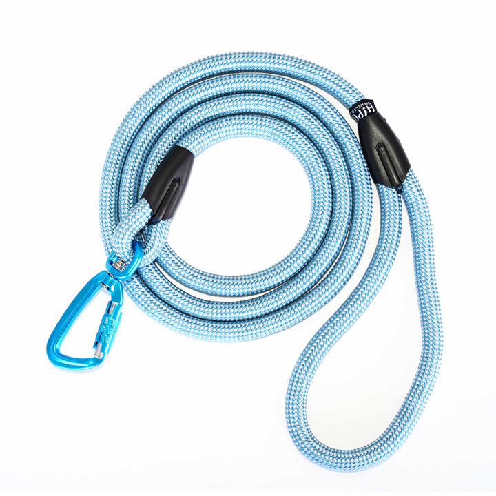 Light blue dog leash with locking carabiner.  Safe leash for your unique, adventurous dog. 