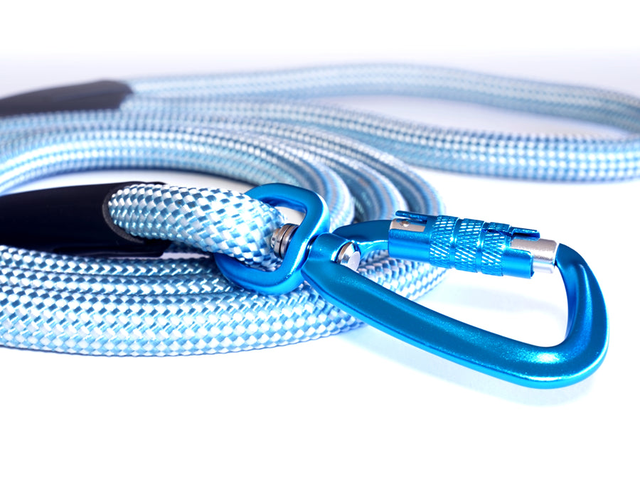 Blue locking carabiner on light blue leash for your dog.  Safe leash for your unique, adventurous dog. 