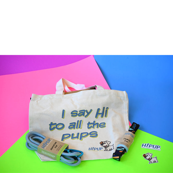 Adventure pack includes HiPUP tote bag, Adventure leash for your dog, seatbelt leash for your dog, HiPUP logo sticker, HiPUP dog.
