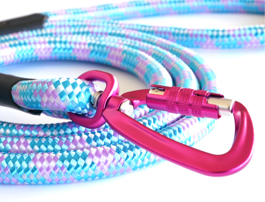 Pink locking carabiner on pink and blue leash for your dog.  Safe leash for your unique, adventurous dog. 